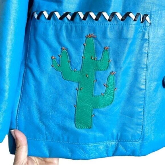 Vintage 80s Hannah Pang Blue Patchwork Leather Southwestern Jacket - M/L - Picture 7 of 14